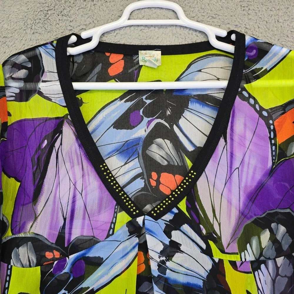 One World Beach Cover Up Women's XL Purple Butterfly Kimono Sheer V-Neck Overlay